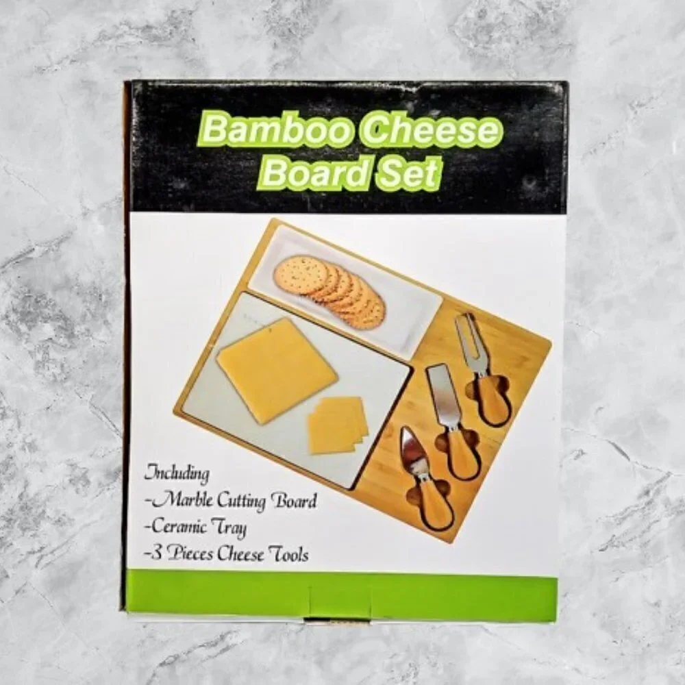Vintage Bamboo Cheese Board Set NIB